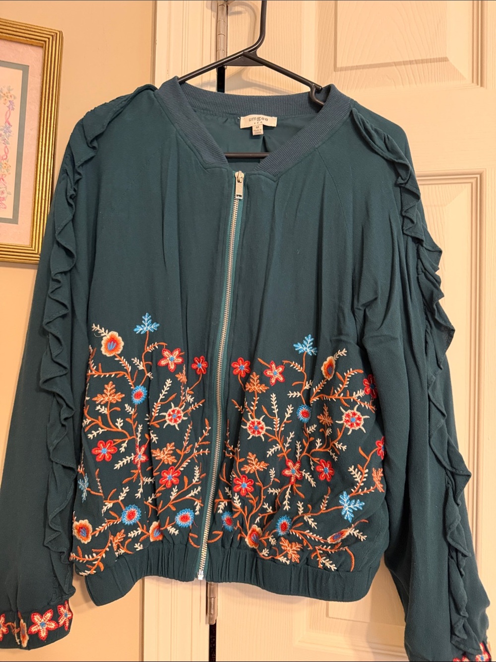 Umgee Teal Bomber Jacket with Colorful Floral Embroidery